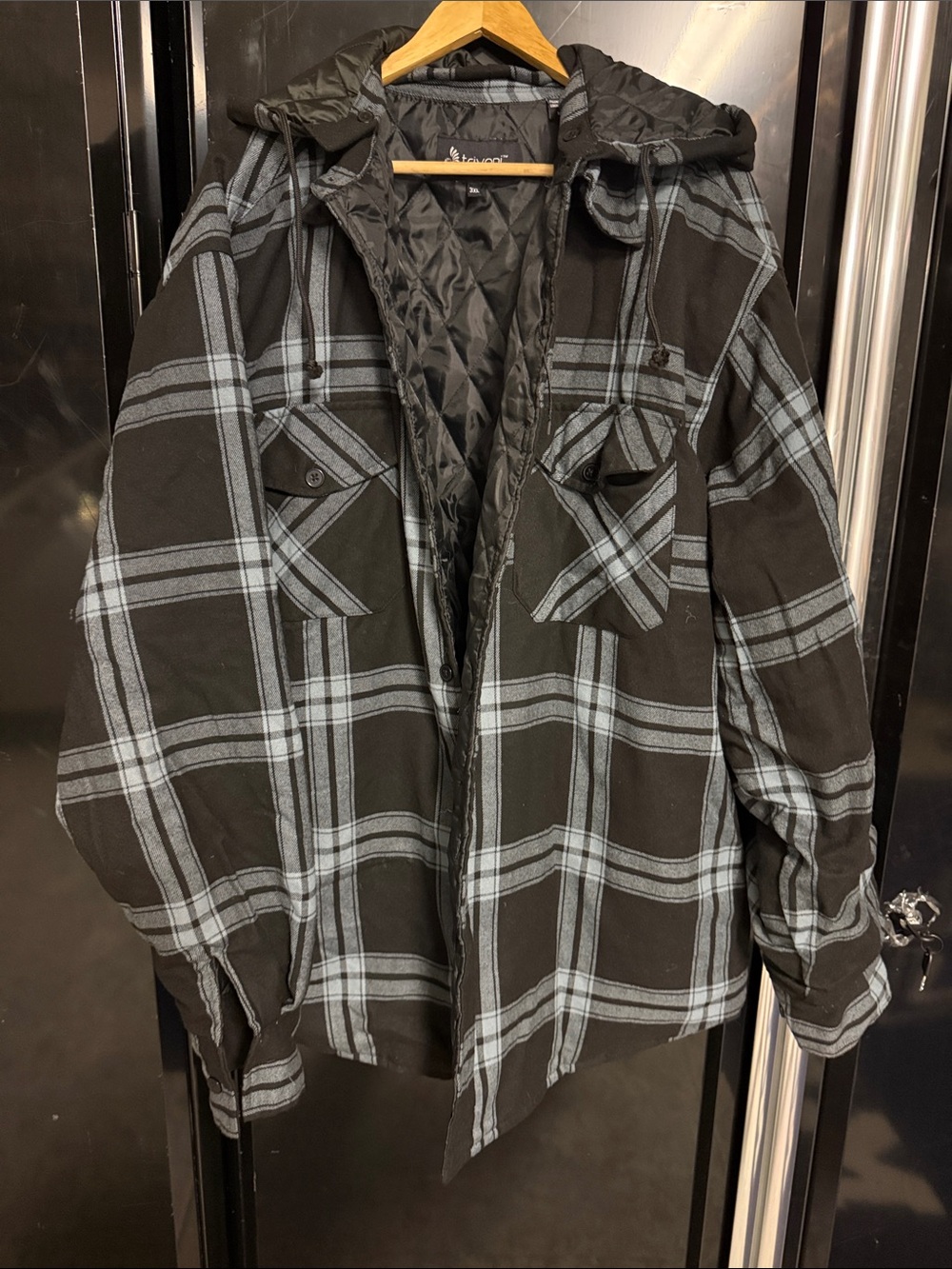 Black & Gray Plaid Quilted-Lined Hooded Shacket